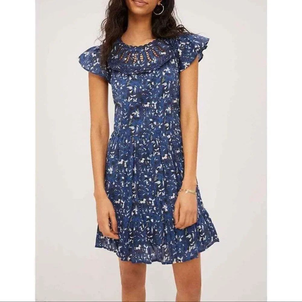 Anthropologie Othilia Dessa Ruffled Mini Dress In Blue Motif Size M